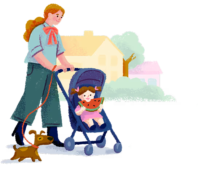 Mother and child walking with stroller